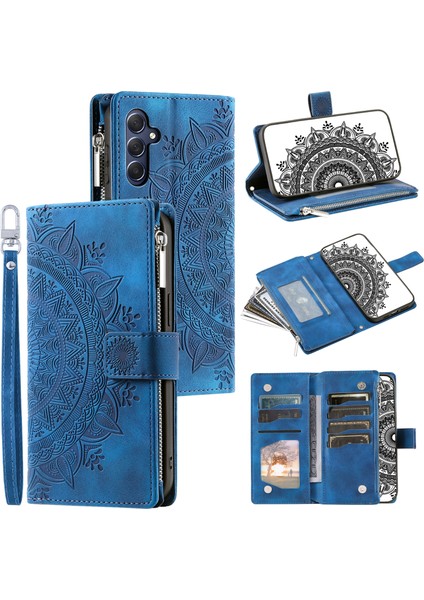 Samsung Galaxy Için M54 5G/F54 5g Baskılı Telefon Kılıfı Baskılı Mandala Çiçek Deseni Pu Deri Stand Kapak Mavisi (Yurt Dışından)