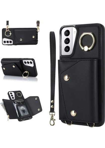Samsung Galaxy S21+ 5g Fermuar Cüzdan Yüzük Kickstand Case Pu Deri Kaplamalı Tpu Telefon Kapak Black (Yurt Dışından)