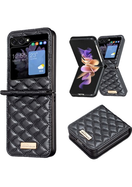 Samsung Galaxy Z Flip5 5g Pu Deri+Pc Kılıfı Baskılı Rhombus Desen Telefon Kapak Black (Yurt Dışından)