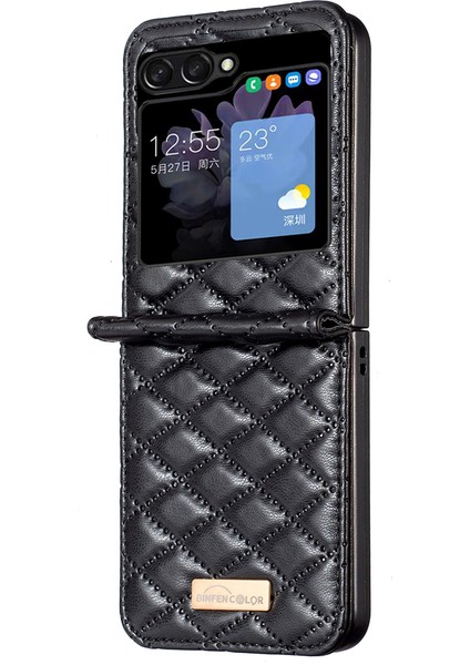Samsung Galaxy Z Flip5 5g Pu Deri+Pc Kılıfı Baskılı Rhombus Desen Telefon Kapak Black (Yurt Dışından)