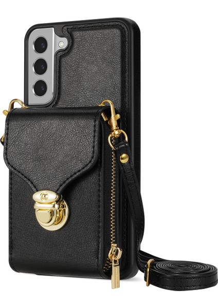 Samsung Galaxy S22+ 5g Pu Deri Kaplamalı Tpu Cep Telefon Kılıfı Zipper Kart Tutucu Kickstand Telefon Çantası Kapak Black (Yurt Dışından)