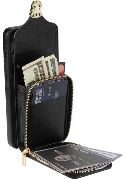 Samsung Galaxy S22+ 5g Pu Deri Kaplamalı Tpu Cep Telefon Kılıfı Zipper Kart Tutucu Kickstand Telefon Çantası Kapak Black (Yurt Dışından)