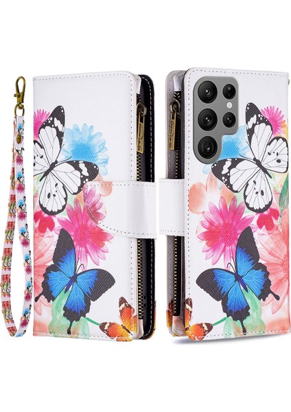Samsung Galaxy S23 Için Ultra Zipper Cep Cüzdan Kılıfı Pu Deri Desen Stand Manyetik Flip Telefon Kapak Iki Kelebek (Yurt Dışından)
