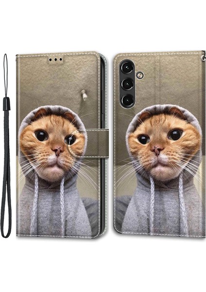 Samsung Galaxy A14 4g/5g Pu Deri Kapak Desen Basılı Kart Yuvaları Stand Strap-Sarı Kedi/kazak (Yurt Dışından)