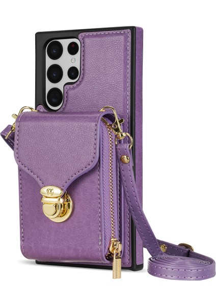 Samsung Galaxy S22 Ultra 5g Fermuar Kart Tutucu Kılıf Crossbody Pu Deri+Tpu Kickstand Telefon Kapak-Morası (Yurt Dışından)