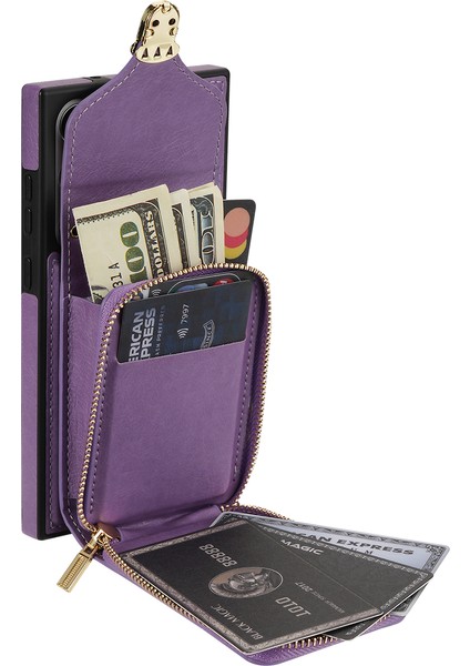 Samsung Galaxy S22 Ultra 5g Fermuar Kart Tutucu Kılıf Crossbody Pu Deri+Tpu Kickstand Telefon Kapak-Morası (Yurt Dışından)