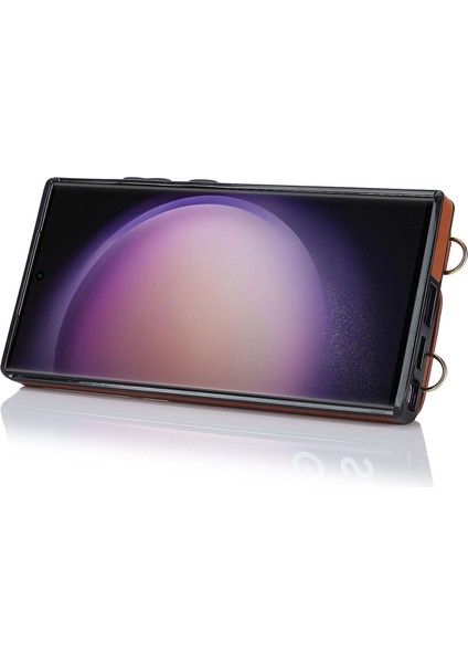Samsung Galaxy S23 Ultra Yüzük Kickstand Fermuar Cüzdan Kılıfı Pu Deri+Tpu Telefon Kapak-Kahverengi (Yurt Dışından)