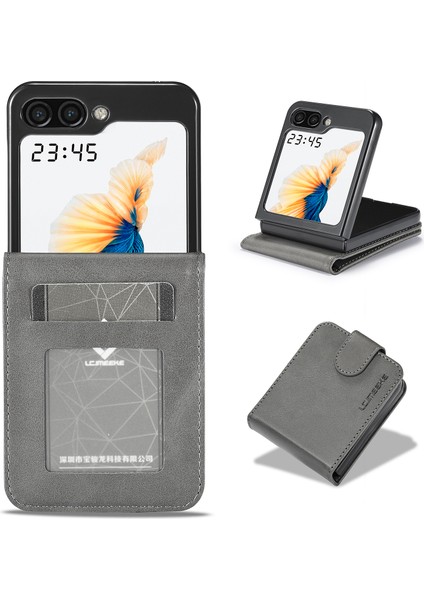 Samsung Galaxy Z Flip5 Için 5g Pu Deri Telefon Kılıf Kart Tutucu Buzağı Doku Standı Kapak-Grey (Yurt Dışından)