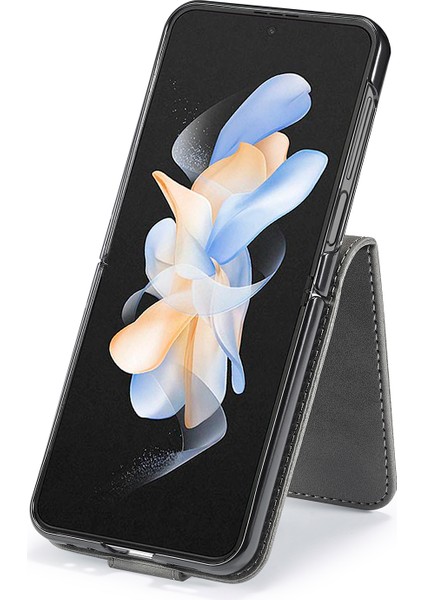 Samsung Galaxy Z Flip5 Için 5g Pu Deri Telefon Kılıf Kart Tutucu Buzağı Doku Standı Kapak-Grey (Yurt Dışından)