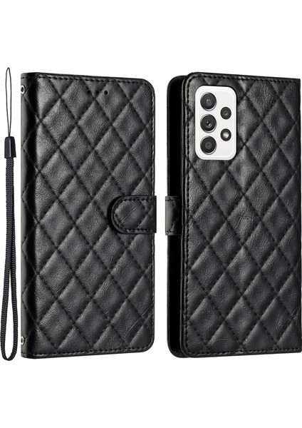 A33 Için 5g Cüzdan Telefon Kabuğu Dikiş Hattı Rhombus Pu Deri Cüzdan Stand Telefon Case-Black (Yurt Dışından)