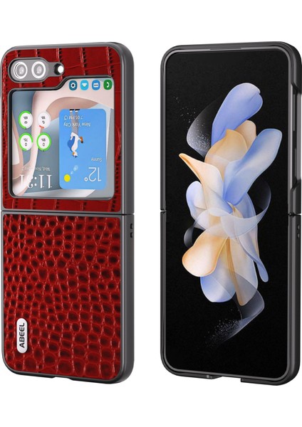 Samsung Galaxy Z Flip5 5g Timsah Doku Telefon Kılıfı Orijinal Inek Deri Kaplamalı Pc Arka Kapak-Kırmızı (Yurt Dışından)