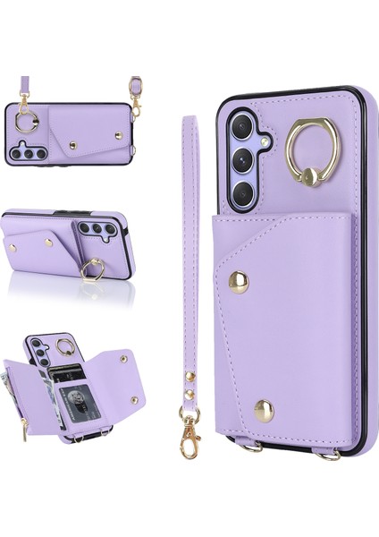 Samsung Galaxy A14 Için Telefon Kılıfı 5g Pu Deri Kaplamalı Tpu Kapak Fermuar Cüzdanı Kickstand-Purple (Yurt Dışından)