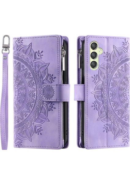 Samsung Galaxy A25 Için 5g Baskılı Mandala Çiçek Cüzdanı Telefon Kılıfı Zipper Pu Deri Stand Flip Cover Strap-Purple ile (Yurt Dışından)