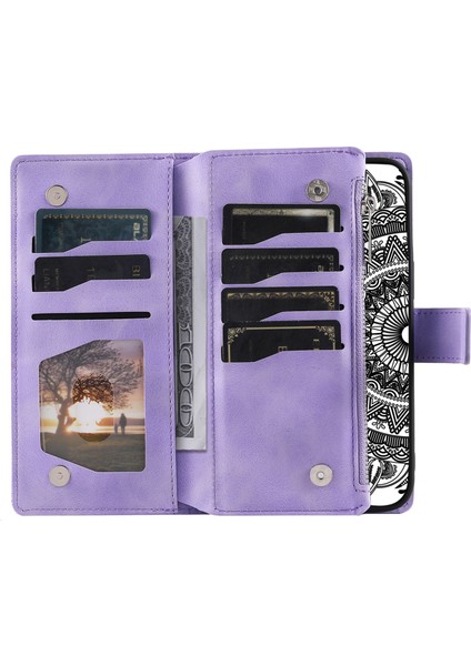 Samsung Galaxy A25 Için 5g Baskılı Mandala Çiçek Cüzdanı Telefon Kılıfı Zipper Pu Deri Stand Flip Cover Strap-Purple ile (Yurt Dışından)