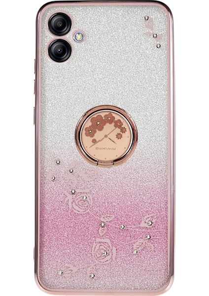 Samsung Galaxy A04E 4G/M04 4G/F04 4g Rhinestone Telefon Kılıfı Çiçek Desen Kickstand Glitter Gritter Grittient Tpu Kapak Çizgisi Altın (Yurt Dışından)