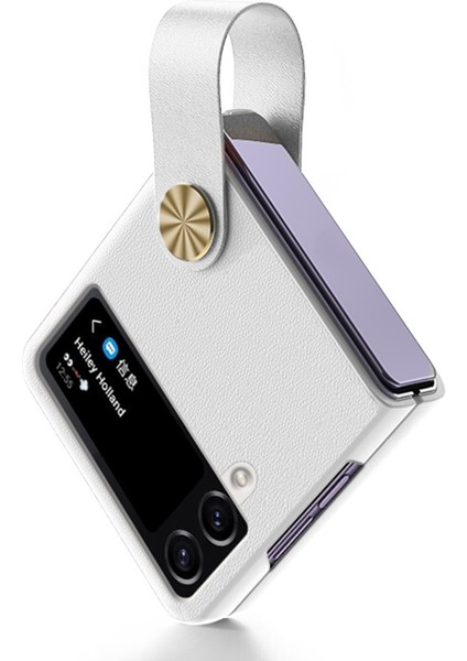 Samsung Galaxy Z Flip4 Için Gkk Strap Kickstand Kılıfı 5g Anti-Drop Telefon Kapağı Pu Deri Kaplamalı Sert Pc Case-White (Yurt Dışından)