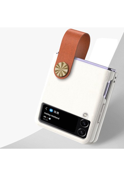 Samsung Galaxy Z Flip4 Için Gkk Strap Kickstand Kılıfı 5g Anti-Drop Telefon Kapağı Pu Deri Kaplamalı Sert Pc Case-White (Yurt Dışından)