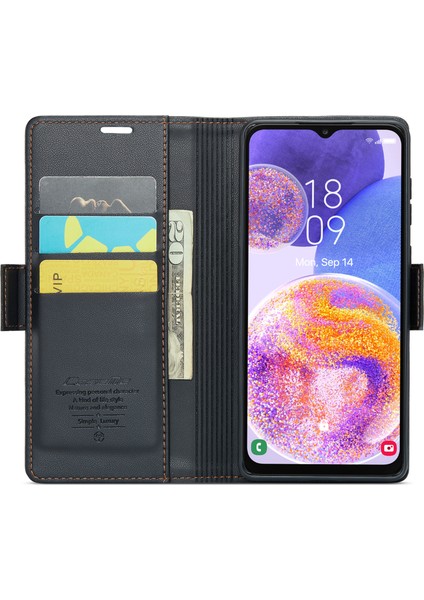 Samsung Galaxy A23 4G/A23 5g (Global Versiyon) Litchi Doku Pu Deri Stand Rfıd Engelleyen Telefon Kapak Black Için Cüzdan Kılıfı (Yurt Dışından)