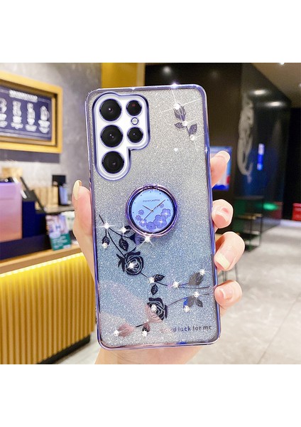 Kadem Çiçek Deseni Telefon Vaka Kickstand Samsung Galaxy S23 Ultra, Rhinestone Dekor Kazanmaya Dayanıklı Gradient Pırıltılı Telefon Geri Kapak Morası (Yurt Dışından)