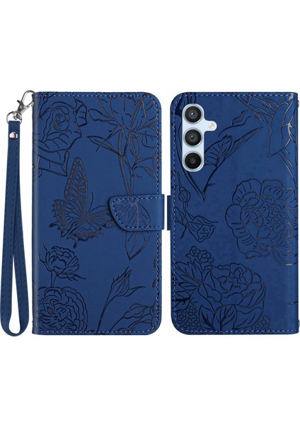 Samsung Galaxy A34 Için HT03 5g Anti-Çizelge Anti-Çizelge Telefon Kılıfı Baskılı Kelebek Çiçekler Cilt Touch Manyetik Pu Deri Deri Flip Cüzdan Kapak Kayış Mavisi (Yurt Dışından)