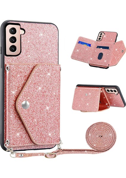 Samsung Galaxy S23 Için+ Kickstand Card Tutucu Glitter Telefon Kılıfı Deri Kaplamalı Tpu Kapak Omuz Kayışı Pembe (Yurt Dışından)