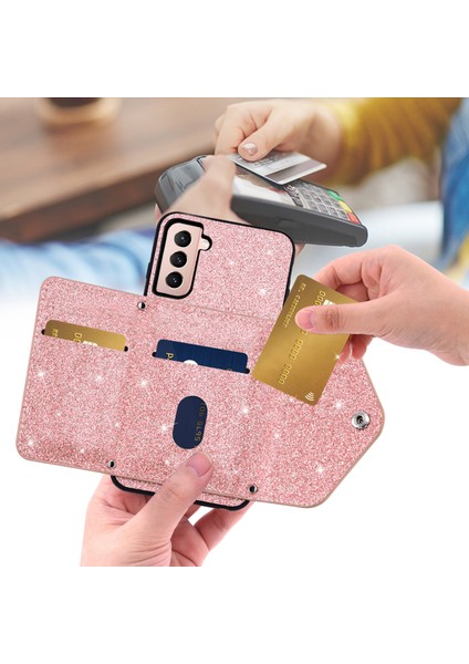 Samsung Galaxy S23 Için+ Kickstand Card Tutucu Glitter Telefon Kılıfı Deri Kaplamalı Tpu Kapak Omuz Kayışı Pembe (Yurt Dışından)