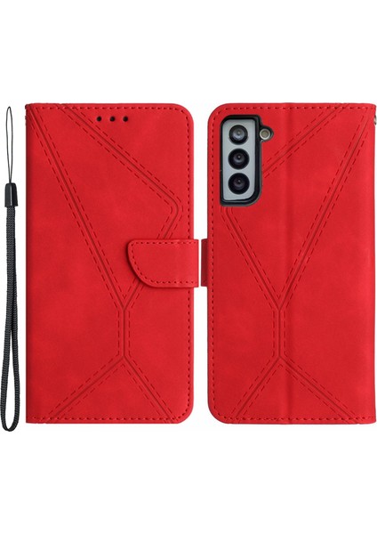 HT05 Samsung Galaxy S22 5g Pu Deri Baskılı Çizgi Telefon Kılıf Cüzdan Stand Cilt Dokunma Koruyucu Kapak-Kırmızı (Yurt Dışından)