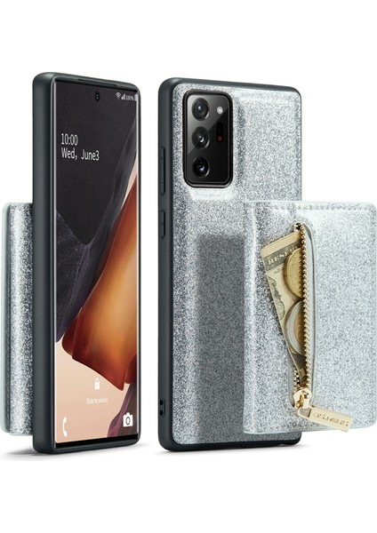 Samsung Galaxy NOTE20 Için ULTRA/NOTE20 Ultra 5g 2'si 1 Arada Pu Deri Kaplamalı Pc+Tpu Anti-Fall Geri Kılıf Kickstand Magneticed Fermuar Cüzdan Telefon Kapak Silver (Yurt Dışından)