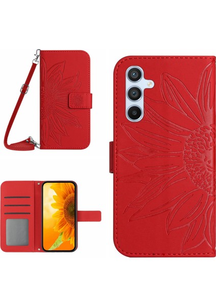 Samsung Galaxy A24 Için 4g HT04 Deri Flip Telefon Kılıfı Ayçiçeği Desen Stand Cüzdan Kapağı Omuz Kayışı Kırmızısı (Yurt Dışından)