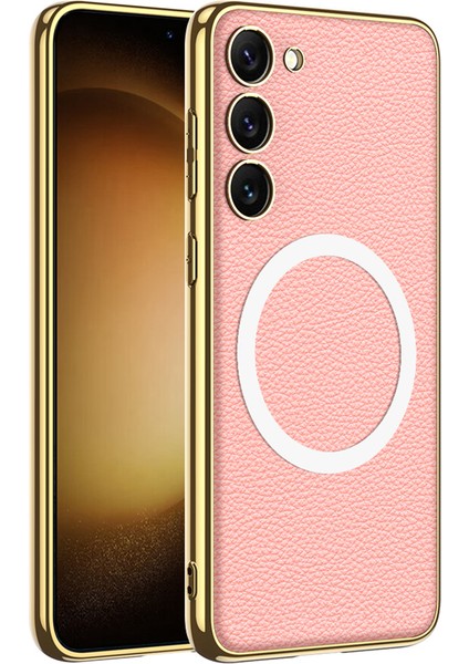 Samsung Galaxy S23 Için Gkk+ Elektraplama Tpu Çerçeve Pu Deri+ Pc Telefon Kılıfı Magsafe-Pink ile Uyumlu (Yurt Dışından)