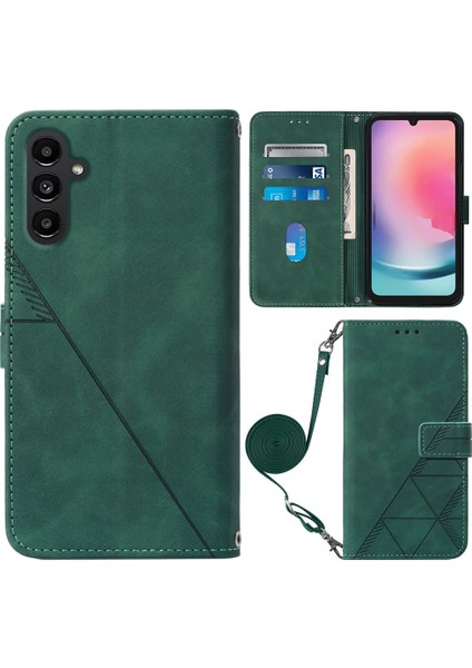 Samsung Galaxy S23 Fe Deri Için Telefon Kılıfı Omuz Kayışı Blackish Yeşil ile Baskılı Cüzdan Stand Kapağı (Yurt Dışından)