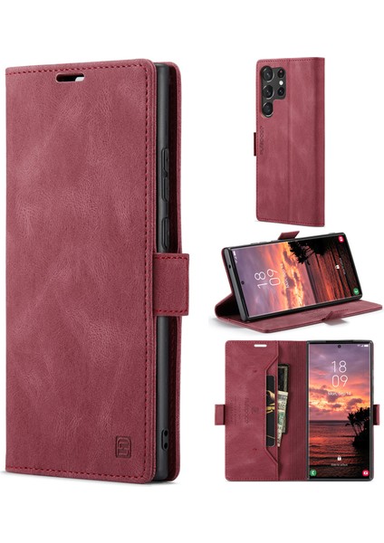 Samsung Galaxy S23 Için Ultra Rfıd Engelleme Telefon Kılıfı Flip Deri Stand Cüzdan Tam Koruma Retro Doku Mat Telefon Kapak-Kırmızı (Yurt Dışından)