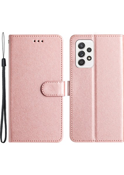 Samsung Galaxy A73 Için 5g Telefon Stand Kapağı Ipek Doku Pu Deri Cüzdan Kılıfı El Strap-Rose Altın (Yurt Dışından)