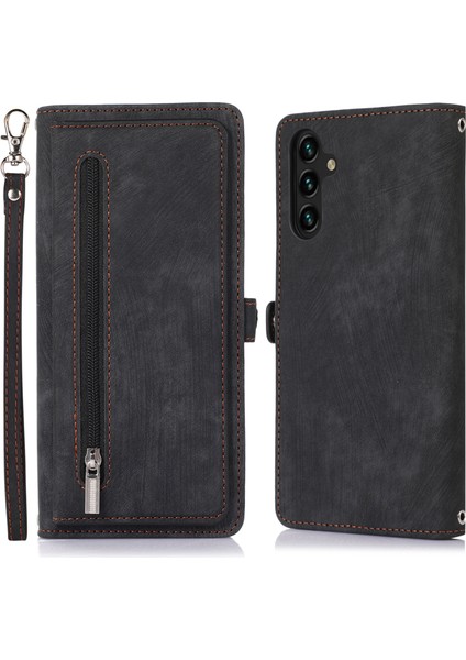 Samsung Galaxy A14 Için 5g Fermuarı Cep 9 Kart Yuvaları Pu Deri Kılıf Telefon Stand Cüzdan Kapağı Bilek Strap-Black (Yurt Dışından)