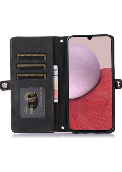 Samsung Galaxy A14 Için 5g Fermuarı Cep 9 Kart Yuvaları Pu Deri Kılıf Telefon Stand Cüzdan Kapağı Bilek Strap-Black (Yurt Dışından)