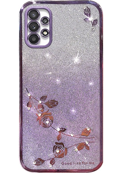 Samsung Galaxy A23 5g (Global VERSIYON)/A23 4g Rhinestone Dekoru Defteri Gradient Çiçek Desen Telefon Tpu Kapak-Mor (Yurt Dışından)