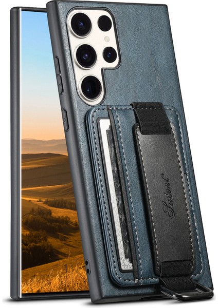 Samsung Galaxy S23 Ultra Kart Tutucu Telefon Kapağı Deri Kaplamalı Pc+Tpu Kickstand Case ile El Kayış Mavisi ile Suteni H13 (Yurt Dışından)