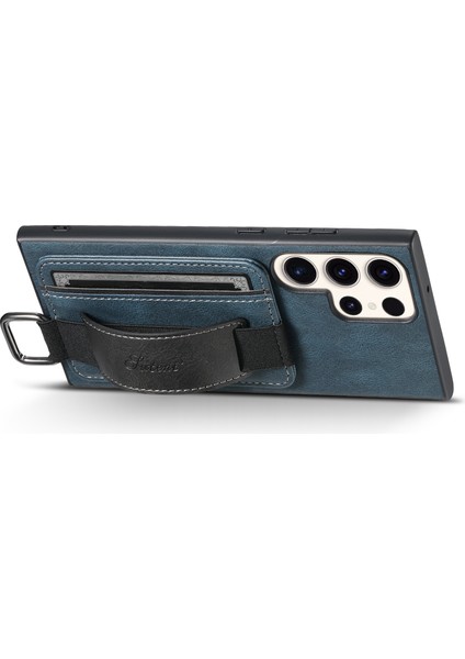 Samsung Galaxy S23 Ultra Kart Tutucu Telefon Kapağı Deri Kaplamalı Pc+Tpu Kickstand Case ile El Kayış Mavisi ile Suteni H13 (Yurt Dışından)