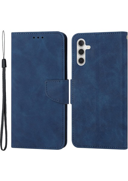 Samsung Galaxy A34 Için 5g Tam Koruma Koruma Düz Renk Deri Manyetik Telefon Kılıfı Stand Cüzdan Strap-Blue ile Flip Telefon Kapağı (Yurt Dışından)