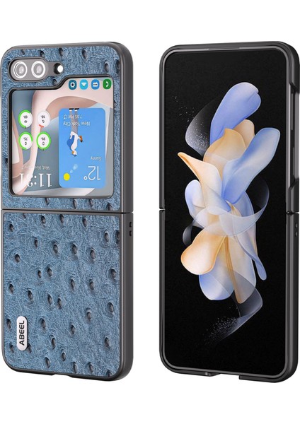 Samsung Galaxy Z Flip5 5g Devekuşu Doku Katlama Telefon Kılıfı Orijinal Inek Deri Sabit Pc Kabuk Mavisi (Yurt Dışından)