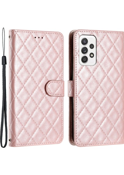 Samsung Galaxy A52 4G/A52S 5G/A52 5g Dikiş Hattı Rhombus Cep Telefon Kapağı Pu Deri Cüzdan Kabuğu Stand Telefon Kılıfı Altın (Yurt Dışından)
