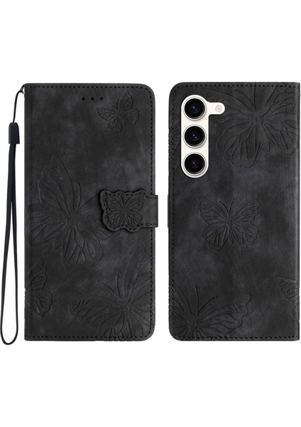 S23+ Pu Deri Stand Kapağı Kelebek Baskılı Cilt Doku Cüzdan Telefon Case-Black (Yurt Dışından)