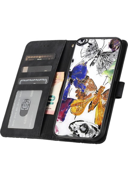 S23+ Pu Deri Stand Kapağı Kelebek Baskılı Cilt Doku Cüzdan Telefon Case-Black (Yurt Dışından)
