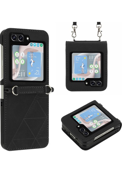 Samsung Galaxy Z Flip5 5g Telefon Deri Kapağı Omuz Kayışı Black ile Baskılı Telefon Kılıfı (Yurt Dışından)