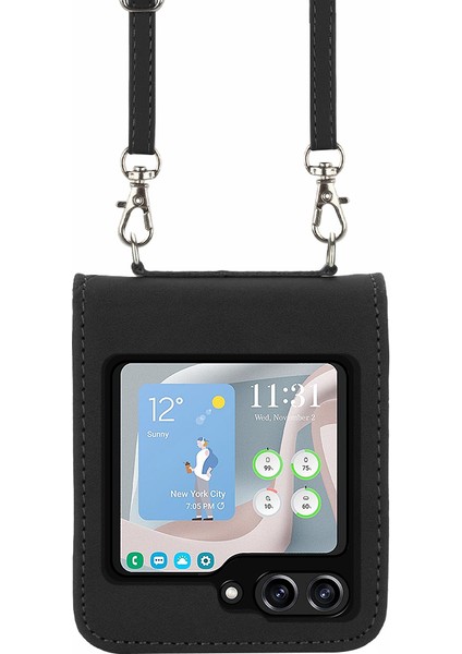 Samsung Galaxy Z Flip5 5g Telefon Deri Kapağı Omuz Kayışı Black ile Baskılı Telefon Kılıfı (Yurt Dışından)