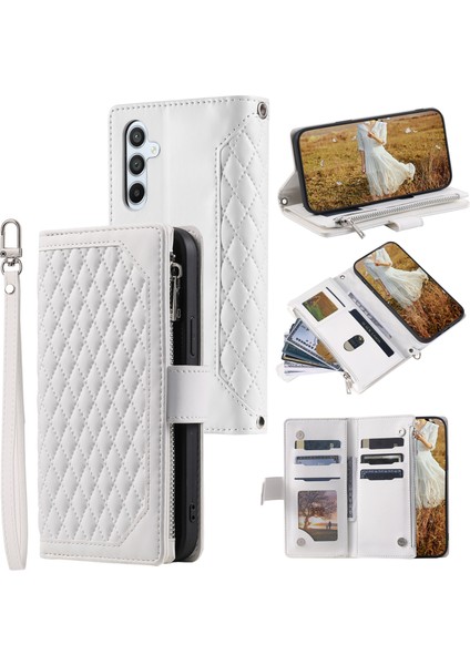 Samsung Galaxy A14 4g/5g Pu Deri Telefon Kılıfı Rhombus Strap-White ile Baskılı Fermuar Cüzdan Kapağı (Yurt Dışından)