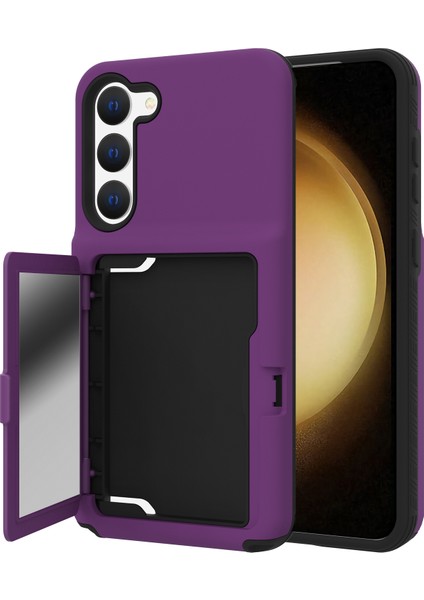 Samsung Galaxy S23 Için Cardcase Serisi Kart Tutucu Kalın Telefon Kılıf Kickstand Ayna Fonksiyonu Pc+Tpu Cover-Dark Mor (Yurt Dışından)