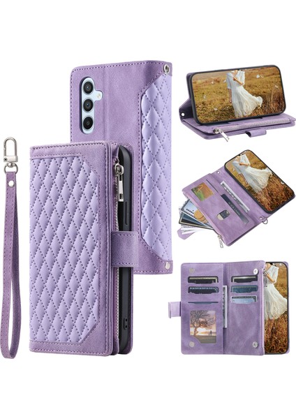 Samsung Galaxy A14 4g/5g Pu Deri Telefon Kılıfı Rhombus Strap-Purple ile Baskılı Fermuar Cüzdan Kapağı (Yurt Dışından)