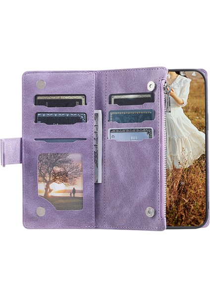 Samsung Galaxy A14 4g/5g Pu Deri Telefon Kılıfı Rhombus Strap-Purple ile Baskılı Fermuar Cüzdan Kapağı (Yurt Dışından)