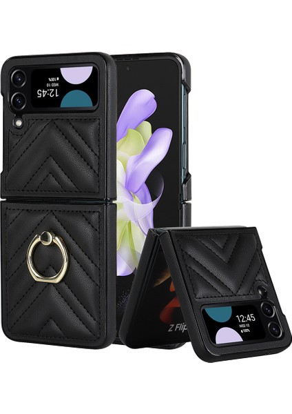 Zd 07 Samsung Galaxy Z Flip4 5g V-Şekilli Dikiş Pu Deri Sert Pc Kapağı Kickstand-Black Için (Yurt Dışından)
